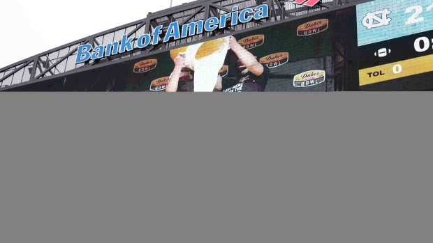 South Carolina Gamecocks head coach Shane Beamer’s mayo dump is shown on the big screen jumbotron